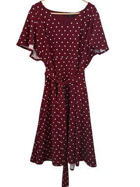 Lane Bryant Lena Fit Flare Midi Dress 24 Burgundy Polka Dot V-Neck Pockets Retro